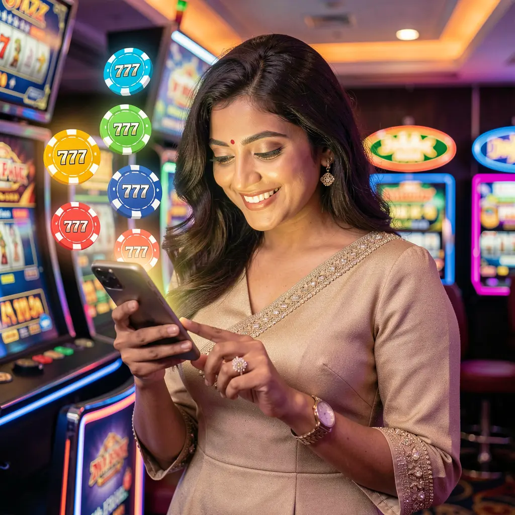 Elegant Bangladeshi woman using the 82OK casino app on her smartphone as glowing poker chips and slot symbols float around her