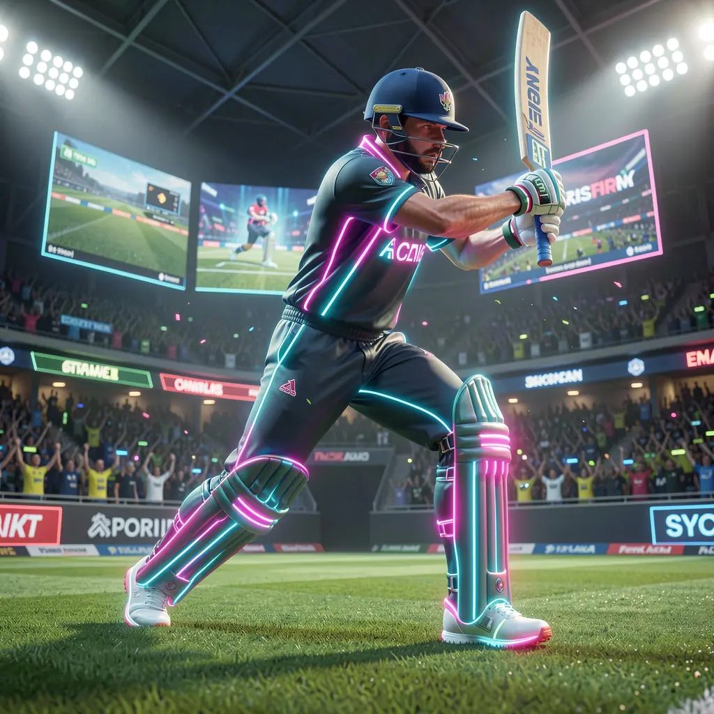 Glowing neon cricket player in a dynamic batting pose representing high energy sports betting on 82OK in Bangladesh