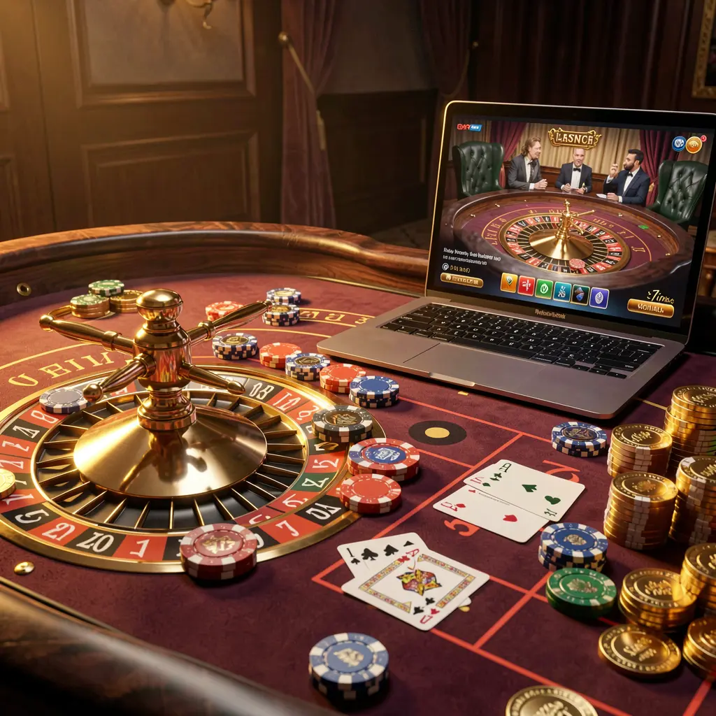 Elegant online casino setup with gold coins, playing cards, roulette wheel, and a laptop showcasing live gaming action at 82OK for Bangladesh players