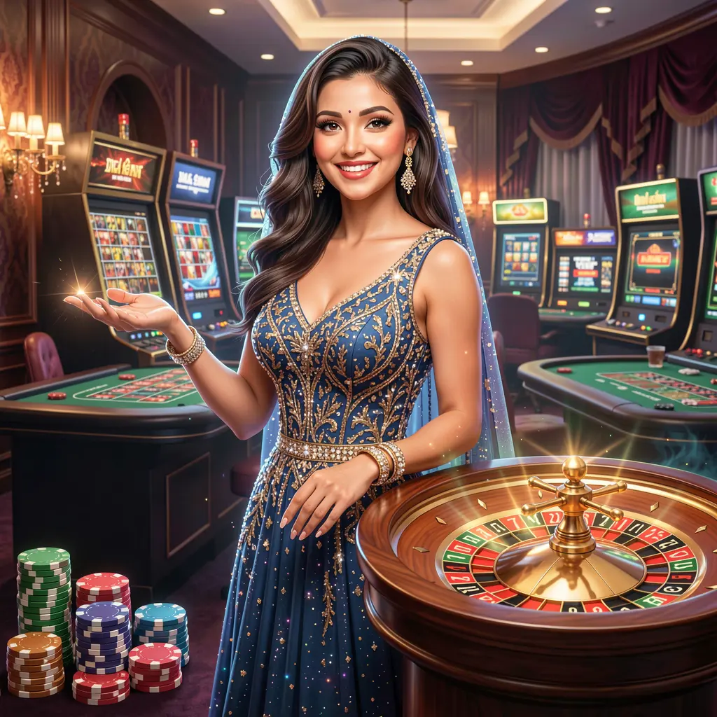 Elegant Bangladeshi casino ambassador welcoming players with an extended hand surrounded by glowing roulette elements representing trust and excitement at 82OK login
